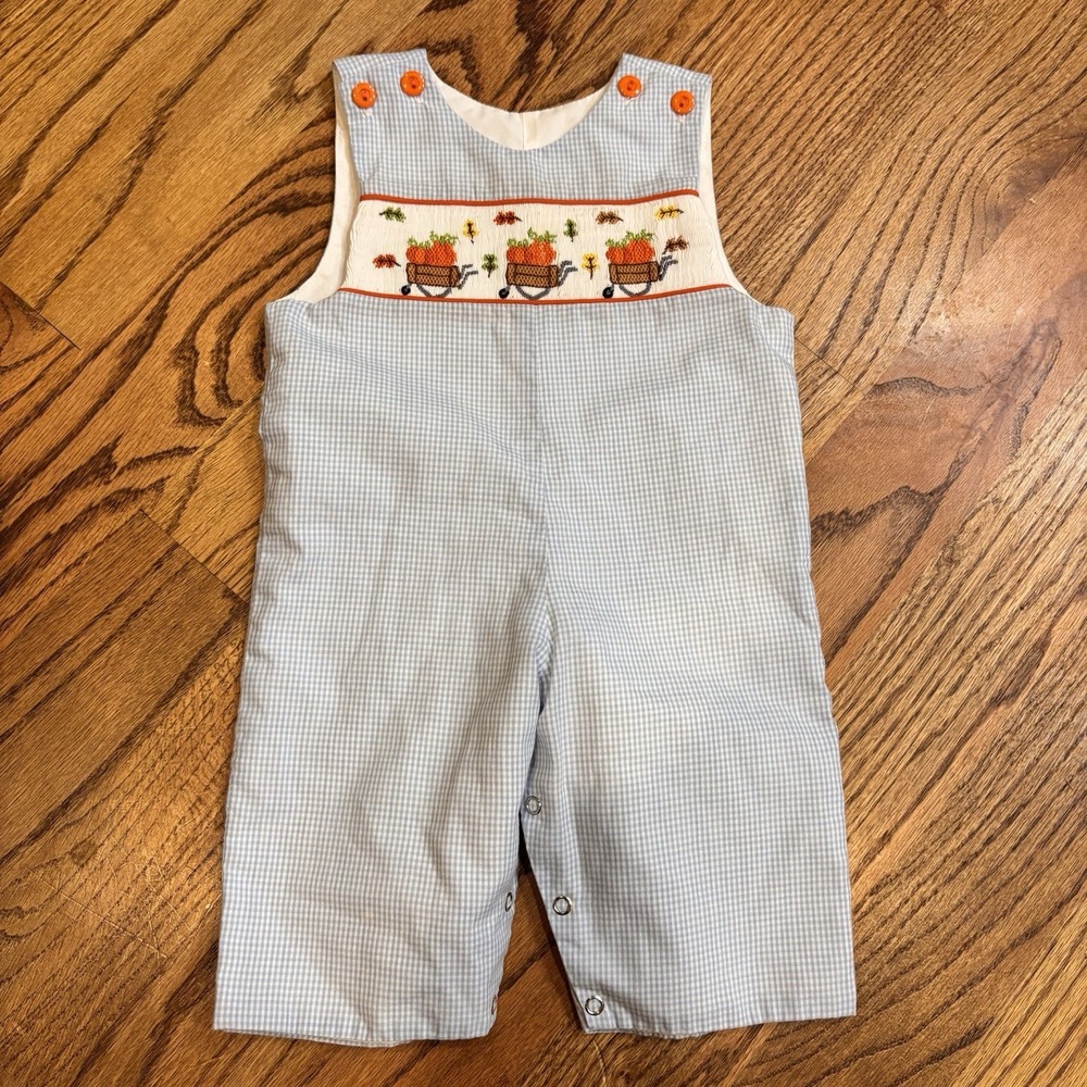 Lulu Bebe Baby Boys Smocked Pumpkin Romper‎ 6M Blue Gingham Fall Outfit
